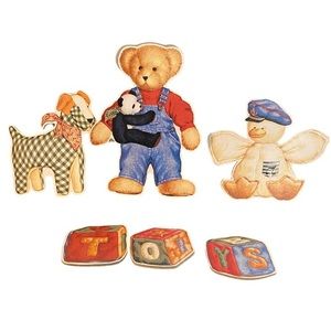 Blue Jean Teddy Bear Wood Pressboard Wall Decor Plaques NL Hanging Lot of 6 11”